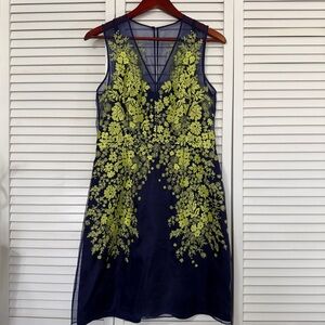 L.K. Bennett Silk Embroidered Sheer Overlay Dress Midnight Blue US 8